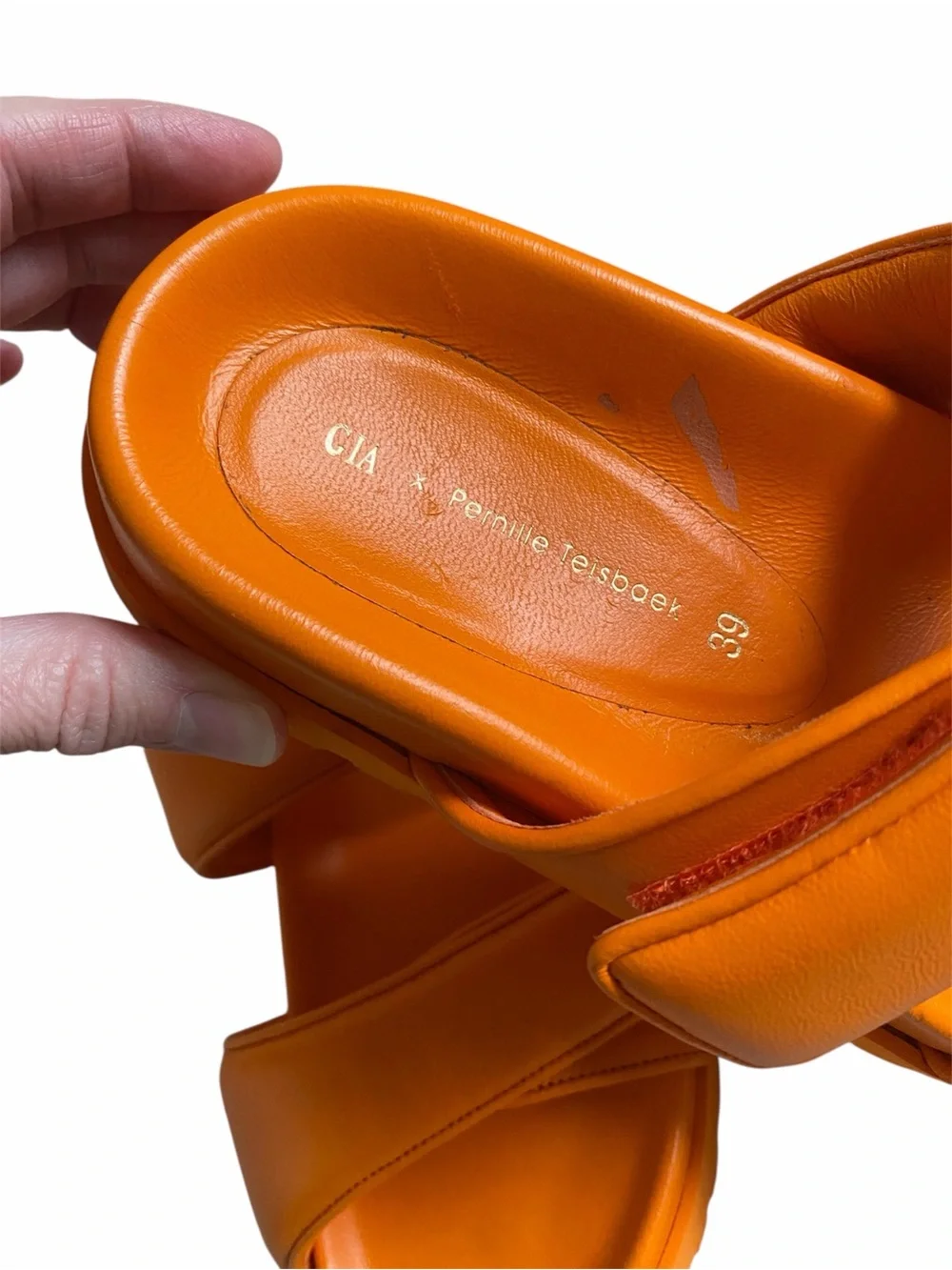 GIA x Pernille Teisbaek Orange Leather Velcro Strap Slide Sandals Womens 39 8.5